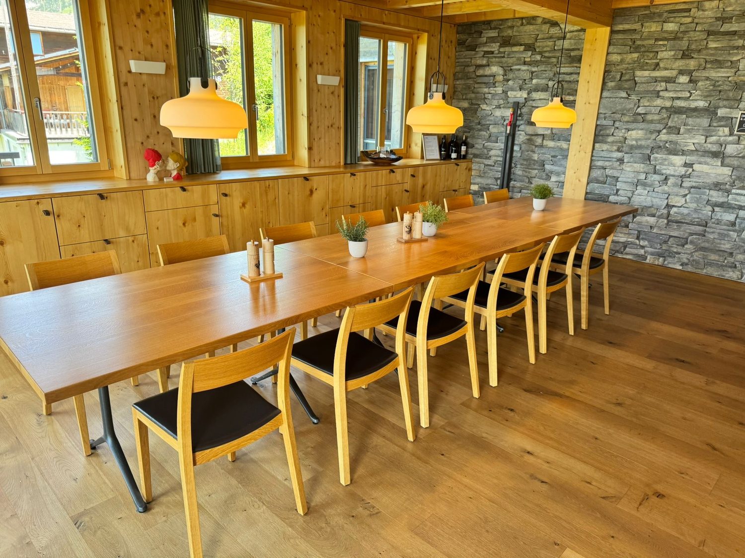 The communal dining table at the Swiss alpine chalet